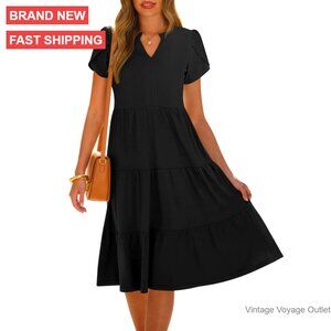 V-Neck Short Sleeve Midi Dress, Tiered Boho Sundress with Pockets